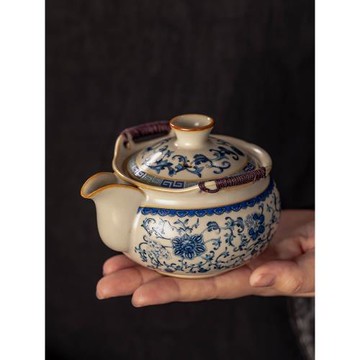 青花米黃汝窯手抓壺蓋碗茶杯單個高檔家用防燙泡茶壺功夫茶具套裝