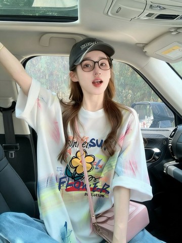 純棉設計感個性花朵塗鴉T卹女小眾彩繪暈染中長款寬鬆休閒上衣潮 AJ561