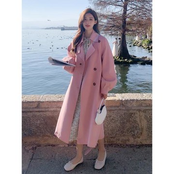 粉色風衣外套女中長款過膝2026春季新款韓系高級感氣質女神范大衣