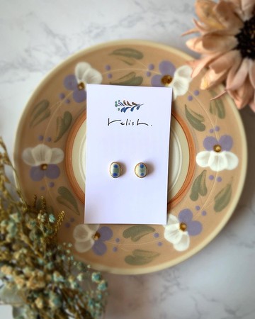 迷你 沖繩風 金繼 線條 陶器 耳針 耳環 無耳洞耳夾 小巧 簡約 日式 陶瓷 藍色 青 綠色 淺藍