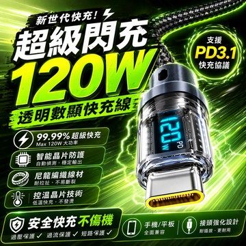 台灣出貨✈️120W快充線 數顯超級快充線 快速充電線 -Type-C全兼容快充線  智能顯示功率 PD快充 全兼容