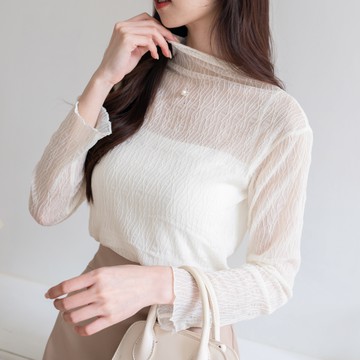 立領透膚波紋長袖上衣 SY89952-9 【現貨】