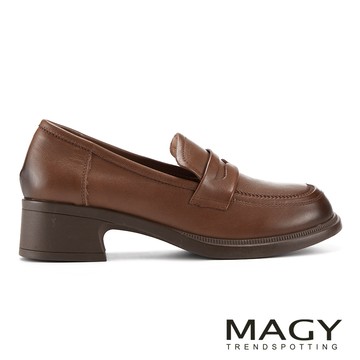 MAGY 簡約百搭真皮中跟樂福鞋 棕色 # 16281