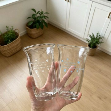 ins復古藍色貝殼玻璃水杯闊口咖啡杯子高顏值喝水杯冷萃杯冷飲杯 復古玻璃杯 玻璃咖啡杯 透明杯子 咖啡玻璃杯 質感杯子