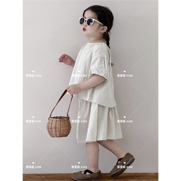 【5折清倉】女童亞麻純色短袖襯衫上衣日系兒童半身裙套裝兩件