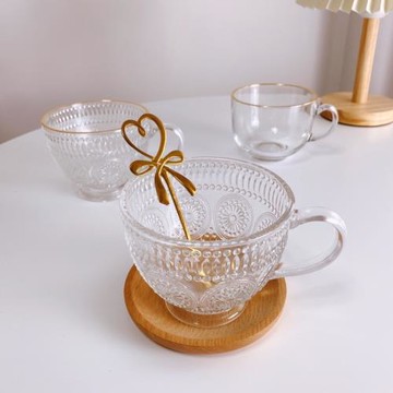 ins描金太陽花玻璃杯大容量復古早餐大肚冰淇淋果汁杯耐高溫玻璃