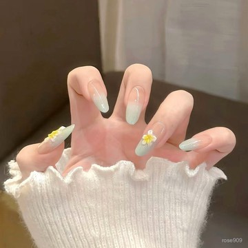 ➕最新設計款穿戴甲💅手工穿戴甲海島花漾薄荷漸變藍鵰花新款清冷簡約顯白辣妹美甲貼片中長款穿戴甲 LG76