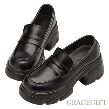 【Grace Gift】休閒紳士輕量運動厚底樂福鞋 黑漆