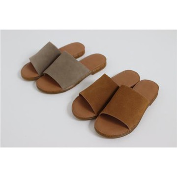 踩屎感！頭層牛反絨鞋面乳膠鞋墊防滑果凍牛筋底一字平底拖鞋女