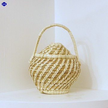 手工草編原色創意手提迷你儲物罐收納藍工藝品干果收納家居工藝品