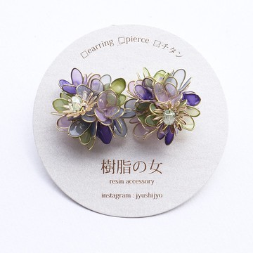繡球花耳環 耳夾 紫和綠