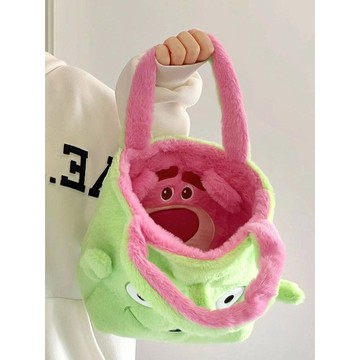 手提包女🎀 高顏值草莓熊三眼仔毛絨公仔雙面包大容量翻包手提包休閑 女生包包 雙面包 大容量包包 手提包包 毛絨包包