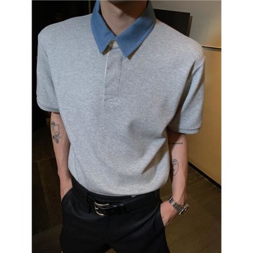 ESC MAN STUDIO/自制 隨便搭配都好看的牛仔撞色短袖T恤POLO衫