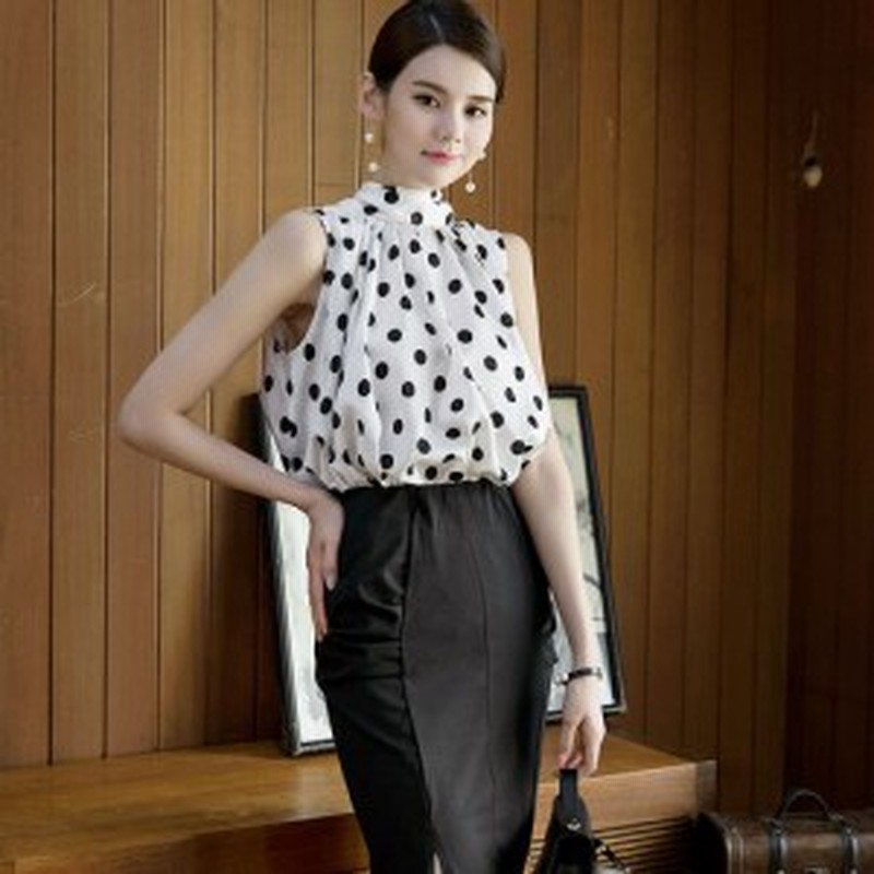バックリボン ハイネック ノースリーブ ドット柄 シフォン ブラウス レディース トップス バックシャン ドットブラウス Ol ブラウス ノー 通販 Lineポイント最大1 0 Get Lineショッピング