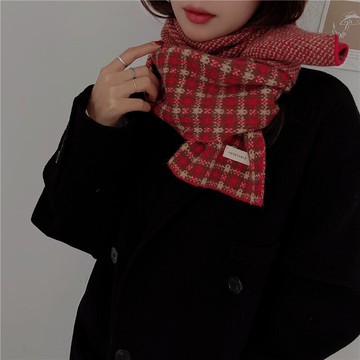 紅色新年格子針織圍巾女冬季春秋百搭保暖日系學生少女仿羊絨圍脖