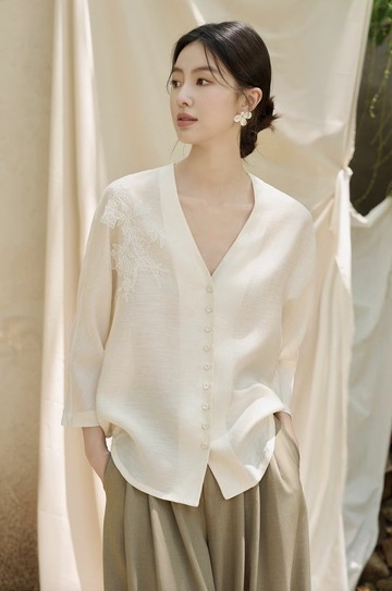 新中式復古 苧麻輕薄 手工釘花上衣