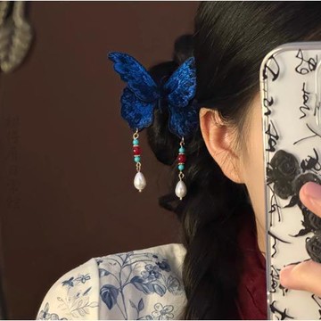 🔥2件9折🍊臺北出貨🍊可開發票蝶落梅梢古風藍色蝴蝶刺繡髮簪新中式漢服配飾簪釵子