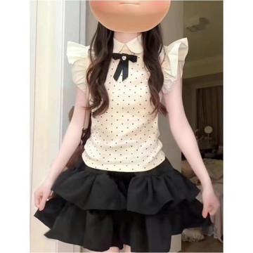 2024夏季甜美愛心波點小飛袖娃娃領上衣蓬蓬裙套裝新森系兩件套