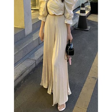 韓國chic夏季復古小眾高腰百搭壓褶設計垂感寬松休閑闊腿褲長褲女