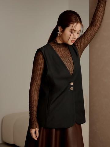 雲朵自訂款-V領金屬釦微A字西裝背心