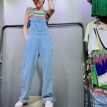 炫酷啦啦背帶褲女韓版寬松減齡高腰闊腿牛仔褲復古直筒吊帶連體褲1入