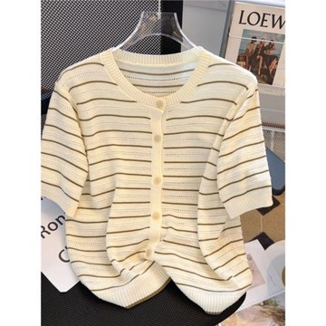 (免運)法式復古條紋冰絲針織開衫短袖女夏季小清新薄款t恤獨特別致上衣