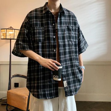 美式復古短袖男潮牌潮流夏季格子襯衫痞帥高級感大碼寬松半袖襯衣