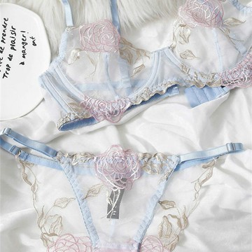 【聚攏顯小】文胸套裝 性感內衣 蕾絲內衣 薄款內衣 聚攏文胸 刺繡網紗 無鋼圈舒適 法式浪漫 歐美風 大胸顯小設計
