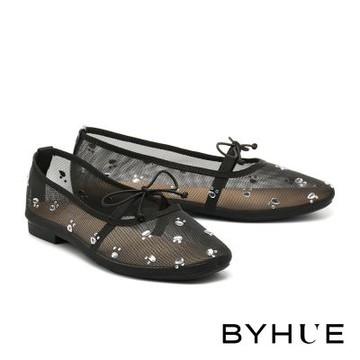 平底鞋 BYHUE 優雅自然幾何白鑽網紗軟芯Q底瑪莉珍平底鞋－黑