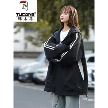 啄木鳥連帽條紋沖鋒衣外套女春秋季新款美式高街潮牌休閑情侶夾克