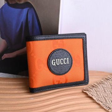 GUCCI 古馳  Off The Grid 新版緹花尼龍拼接皮革對開八卡短夾(橘/黑)