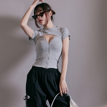 平口拉鍊外罩針織兩件式上衣-灰【KT24473】