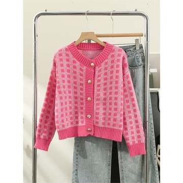 粉色格子毛衣外套女2025秋冬新款高級感韓系溫柔軟糯短款針織開衫