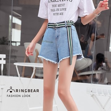 休閒褲--舒適個性帥氣毛邊英文刺繡腰帶修身口袋牛仔短褲(藍XL-5L)-R222眼圈熊中大尺碼