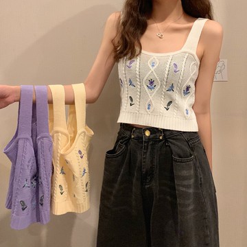 韓系女版緊身顯瘦短版性感刺繡針織背心吊帶短版馬甲