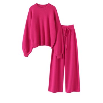 玫紅色羊絨套裝女2023新款時尚氣質寬松顯瘦針織毛衣闊腿褲兩件套