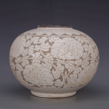 宋 磁州窯白釉暗刻纏枝紫口南瓜罐 仿古出土瓷器舊貨古玩古典擺件