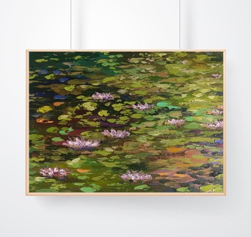 花卉油畫 睡蓮藝術 原創繪畫 花卉牆藝術池塘 蓮花畫