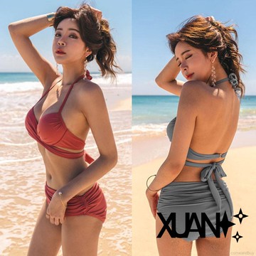 Xuan♥沙灘泳衣比基尼 鋼圈集中爆乳性感泳裝 露背蝴蝶結綁帶兩件式泳衣女 比基尼