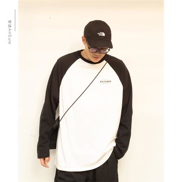 安述Ansule韓版寬松純棉料滑肩袖接拼色熊貓圓領字母印花長袖T恤