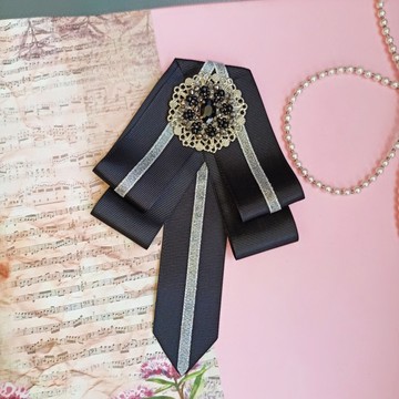 黑色領帶式胸針 | 蝴蝶結胸針 | 珠飾緞帶胸針