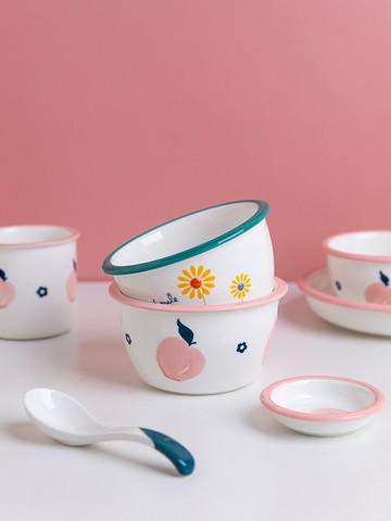 摩登主婦水蜜桃碗碟套裝家用可愛少女心陶瓷好看的飯碗菜盤子餐具