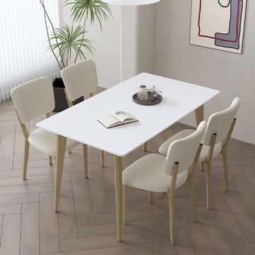 仿實木餐桌奶油風家用小戶型現代簡約純白色巖板長方形餐桌椅組合