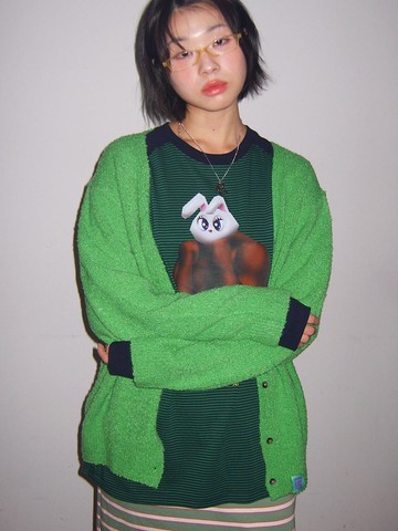 Logo V-neck Boocle Cardigan [Green]
