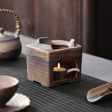 陶福氣 古樸風粗陶蠟燭溫茶爐煮茶器復古原陶干燒臺底座茶道零配