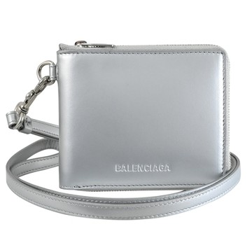 BALENCIAGA 烙印LOGO頸掛式ㄇ字拉鍊零錢短夾(銀)