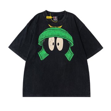 Vintage古著做舊卡通印花T恤高街寬松男女同款休閑潮流圓領短袖夏