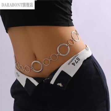 新跨境熱賣個性幾何圓環拼接金屬腰鏈女嘻哈鏤空身體鏈