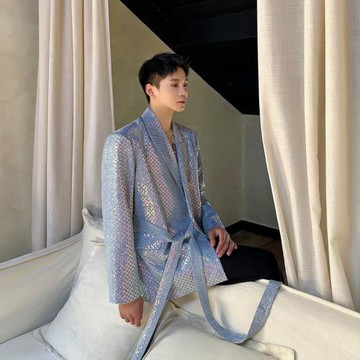 春秋重工藝亮片系帶雅痞西服外套男夜店風小眾時尚洋氣演出舞臺裝