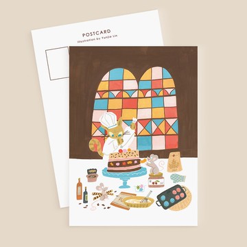 薑黃貓花窗前的烘焙日 I 明信片